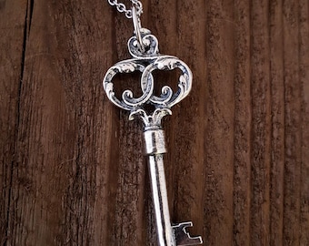 Sterling Silver Key Necklace - Large Skeleton Key Pendant - Fancy Key Necklace - Vintage Key Jewelry - Gift for New Mom - Push Present -