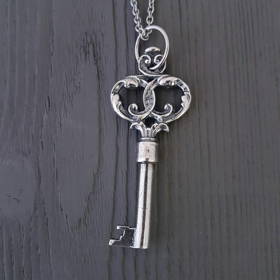 Sterling Silver Key Necklace - Large Skeleton Key Pendant