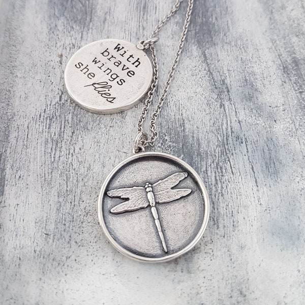 Silver Dragonfly Necklace, Custom Insect Jewelry, Personalized Gift For Mom, Engraved Disc Necklace, Round Dragonfly Statement Pendant