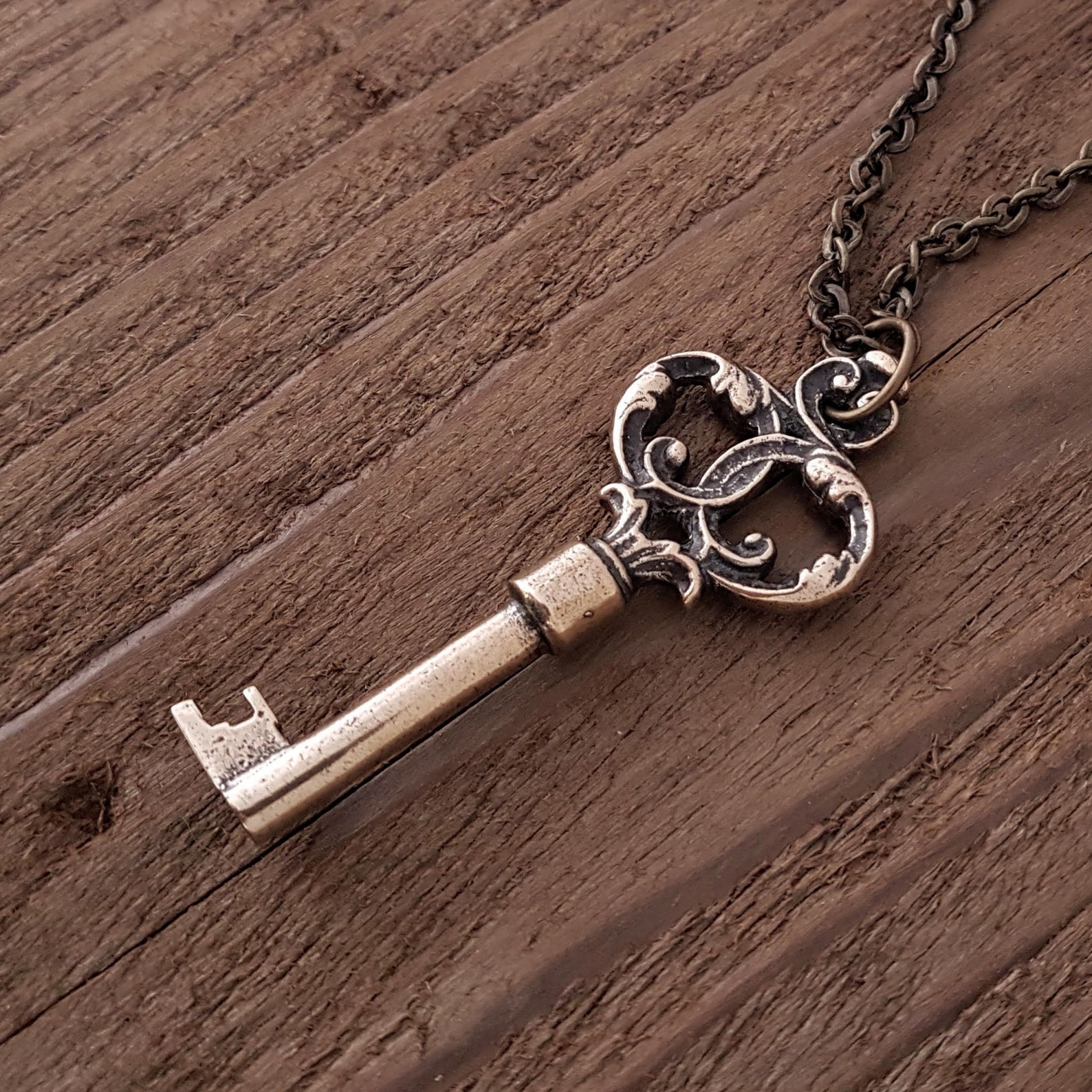Antique Bronze Skeleton Key Necklace Pendant - Ornate Solid Cast Bronze ...
