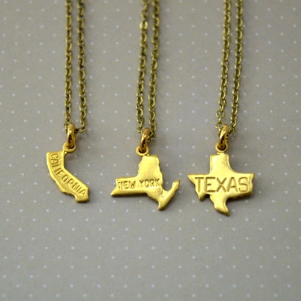 State Charm Necklace, Small Gold Brass State Necklace, State Jewelry, State Shaped Charms