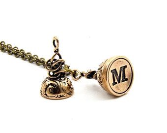 Personalised Initial Custom Wax Seal Typewriter Key Pendant Necklace - Solid Bronze - Custom Chain Lengths - Baby/Wedding/Birthday Gift