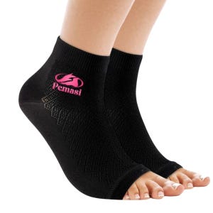May include: A pair of black toe socks with a pink logo that says "Pemasi" on the ankle. The socks are made of a breathable mesh material.
