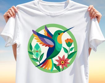 Colorful Hummingbird T-Shirt Design PNG – Sublimation Clipart for Boho, Nature, and Floral Apparel, Perfect for Spring or Summer Tees