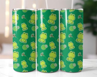 Cute Frog Tumbler Wrap PNG – 20oz Sublimation Design with Lily Pads, Dragonflies, Kawaii Nature Pattern, Green Cartoon Animal Clipart