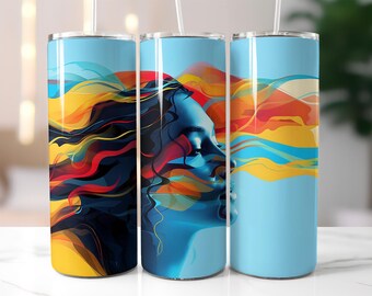Abstract Woman Tumbler Wrap PNG – 20oz Skinny Wrap with Colorful Flowing Lines and Artistic Female Profile – Modern Art Sublimation Design