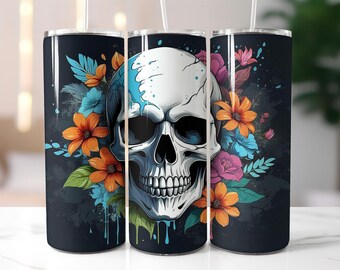 Skull and Flowers Tumbler Wrap PNG – 20oz Sublimation Design with Bright Floral Elements, Dark Background, Gothic Cup Clipart