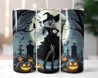 Halloween Witch Tumbler Wrap PNG – 20oz Skinny Sublimation Design with Pumpkins, Moonlit Graveyard, Gothic Spooky Scene