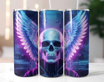 Neon Skull with Wings Tumbler Wrap PNG, Blue Purple Cyber Angel 20 oz Sublimation Design, Gothic Skeleton Digital Art