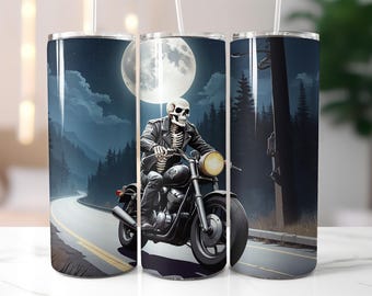 Skeleton Biker Tumbler Wrap PNG, Gothic Motorcycle Rider 20 oz Skinny Tumbler Sublimation, Night Road Skull Design