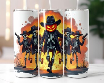 Halloween Skeleton Cowboy Tumbler Wrap PNG – 20oz Skinny Sublimation with Pumpkin Head Outlaw, Guns, Fire, and Spooky Western Design