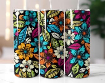 Colorful Floral Tumbler Wrap PNG – 20oz Skinny Sublimation Design with Tropical Flowers, Vibrant Leaves, Black Background, Bold Garden Style