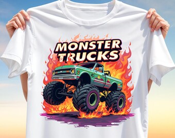 Monster Truck T-Shirt Design PNG – Flaming Big Wheels Clipart for T-Shirt Sublimation, Kids Birthday Party, Boys Truck Digital Print Design
