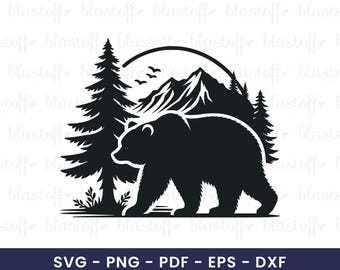 Mountain Bear SVG Clipart, Forest Wildlife Silhouette for Cricut, Camping Laser Cut File, Rustic Outdoor PNG Design