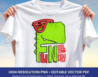 Fun All Day Dino T-Shirt Design – Cool Green Dinosaur with Sunglasses PNG & Vector PDF for Sublimation, Kids Clipart, Digital Art png