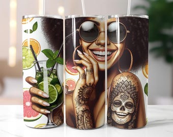 Afro Woman Tumbler Wrap PNG – Tropical Fruit Mojito, Sugar Skull Tattoo, 20oz Sublimation Design for Black Girl Magic Vibes