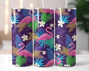 Tropical Night Flamingo Tumbler Wrap PNG – 20oz Skinny Tumbler Sublimation Design with Pink Birds, Exotic Leaves & Midnight Floral Vibes
