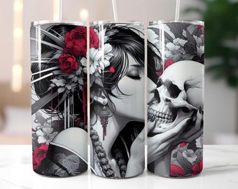 Gothic Woman Skull Tumbler Wrap PNG, Dark Floral Kiss Tumbler Design, Skull Lover Art for Sublimation, 20 oz Skinny Wrap Print