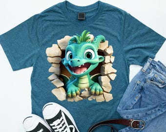 3D Baby Dragon T-Shirt Design PNG – Cute Cartoon Lizard Breaking Wall, Funny Sublimation Art for Sweatshirts & Tees, Instant Download