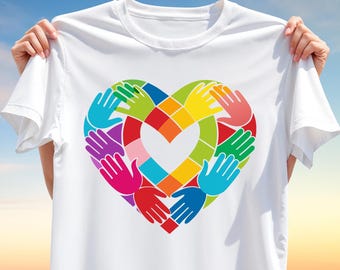 Diversity Heart Hands T-Shirt Design PNG – Colorful Unity Clipart for T-Shirt Sublimation, Inclusion Equality Art, Instant Digital Download