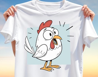 Funny Chicken T-Shirt Design PNG – Shocked Cartoon Hen Clipart for Sublimation, DTG, Heat Press, Kids & Farm Animal Prints