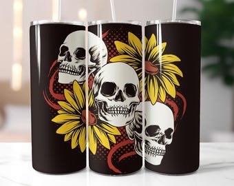 Skull and Sunflower Tumbler Wrap PNG – 20oz Skinny Sublimation Design with Gothic Skulls, Yellow Floral Elements, Red Brush Art on Black