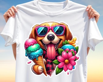 Happy Dog T-Shirt Design PNG – Cute Sunglasses Dog with Ice Cream and Flowers for Sublimation, Summer Pet Lover Clipart for Kids & Gifts