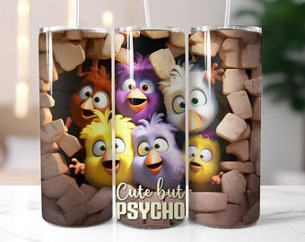 Cute but Psycho Tumbler Wrap PNG – Funny 20oz Skinny Sublimation Design with Colorful Cartoon Birds and Stone Wall Background