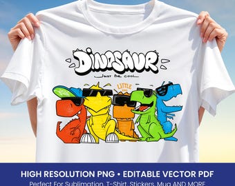 Cool Dinosaur Squad T-Shirt Design – Funny Cartoon Dinos with Sunglasses PNG & Vector PDF for Sublimation, Kids Clipart Art