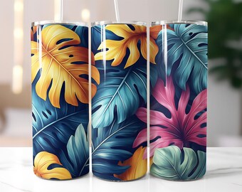 Tropical Leaf Tumbler Wrap PNG, Colorful Monstera Design, 20 oz Skinny Tumbler Sublimation, Jungle Plant Cup Wrap