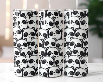 Black and White Panda Tumbler Wrap PNG – 20oz Sublimation Design with Minimalist Cute Bear Faces, Seamless Monochrome Animal Pattern