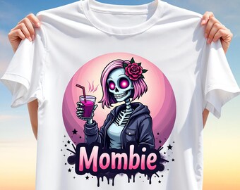 Mombie T-Shirt Design - Funny Zombie Mom PNG Clipart - Cute Skeleton with Drink - Sublimation Print for Shirts, Mugs, Halloween Humor