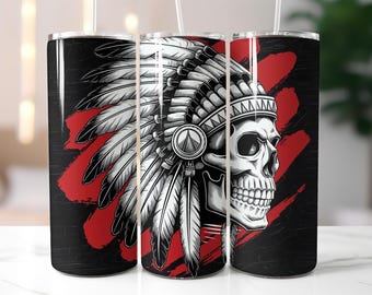 Tribal Skull Tumbler Wrap PNG – Grunge Feather Headdress Sublimation Design for 20oz Skinny Tumbler, Native Warrior Tumbler Wrap