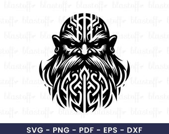 Viking Warrior Head SVG – Tribal Norse Beard Clipart with Rune Tattoo Style for Cricut, T-Shirts, Stickers & Sublimation