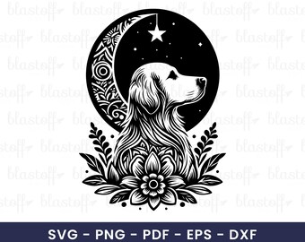 Mystical Dog Moon SVG – Floral Starry Night Canine Silhouette Clipart for Cricut, T-Shirts, Stickers & Sublimation Design, Floral Dog SVG
