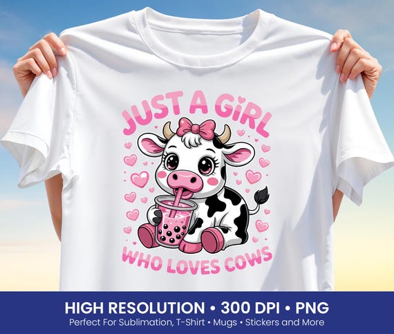 Cute Kawaii Cow T-Shirt Design - Just a Girl Who Loves Cows PNG –  Kawaii Cow Bubble Tea Clipart for Sublimation, Farm Animal Tshirt Design