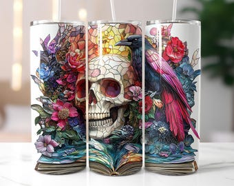 Gothic Skull & Raven Tumbler Wrap PNG – 20oz Skinny Sublimation Design with Stained Glass Flowers, Open Book, Dark Art Style - Skull Tumbler