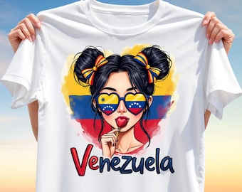 Venezuela Girl T-Shirt Design PNG – Heart Glasses & Flag Colors Clipart for Sublimation, National Pride Latin Fashion Digital Artwork