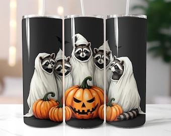 Halloween Raccoon Tumbler Wrap PNG – 20oz Skinny Tumbler Sublimation Design with Ghost Costumes, Pumpkins, Cute Spooky Fall Animal Art