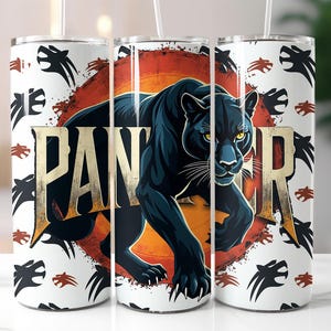 Panther Tumbler Wrap PNG – 20oz Sublimation Design with Black Panther Graphic, Tribal Paw Print Background, Digital Download