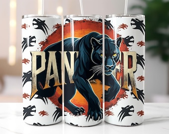 Panther Tumbler Wrap PNG – 20oz Sublimation Design with Black Panther Graphic, Tribal Paw Print Background, Digital Download