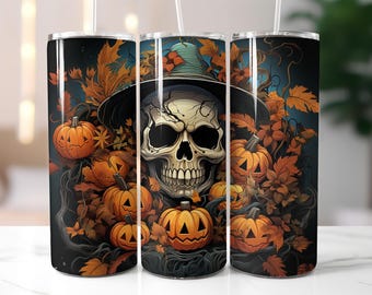 Halloween Skull Tumbler Wrap PNG – 20oz Sublimation Design with Pumpkins, Witch Hat, Fall Leaves, Dark Spooky Autumn Clipart