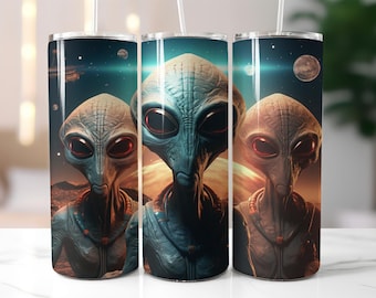 Alien Tumbler Wrap PNG – 20oz Skinny Tumbler Sublimation Design with Sci-Fi Extraterrestrial Creatures, Galaxy Space UFO Planet Art