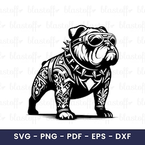 May include: Black and white illustration of a bulldog wearing goggles and a studded collar. The bulldog has intricate tribal tattoos on its body. The image includes the text "SVG - PNG - PDF - EPS - DXF".