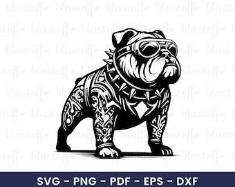 Tribal Bulldog SVG – Cool Dog with Goggles, Spiked Collar Vector for Cricut, Stickers, T-Shirts, Tattoos & Sublimation Design