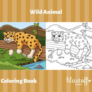 Op de afbeelding: Een kleurplaat met een cartoon-luipaard op een tak. De luipaard is bruin met zwarte vlekken. De pagina heeft de titel "Wild Dier Kleurboek".