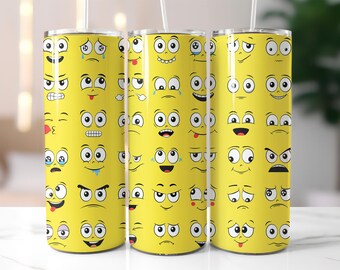Funny Emoji Face Tumbler Wrap PNG – 20oz Skinny Sublimation Design with Yellow Background & Cartoon Expressions – Digital Download