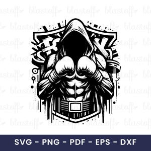 May include: Black and white graphic of a boxer wearing a hooded sweatshirt and boxing gloves. The boxer is muscular and has a defined physique. The image includes the text "SVG - PNG - PDF - EPS - DXF".