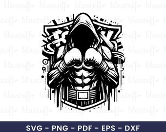 Hooded Boxer SVG – Urban Fighter Silhouette Clipart with Gloves, Muscles for Cricut, T-Shirts, Stickers & Sublimation Design