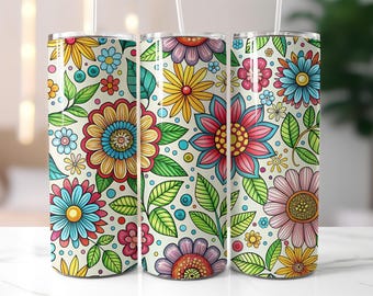 Whimsical Floral Tumbler Wrap PNG – 20oz Skinny Sublimation Design with Colorful Doodle Flowers, Leaves, Dots & Hand-Drawn Spring Pattern